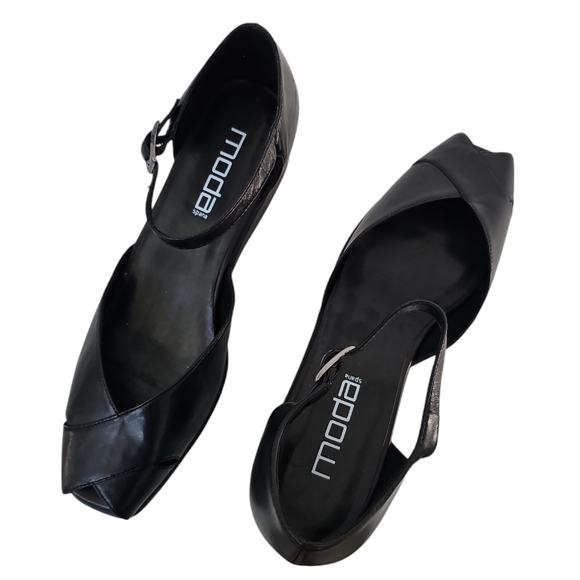 Moda Spana Leather Wendy Wedge Sandals Size 9M Black Open Toe Ankle Strap Shoe - Picture 4 of 4